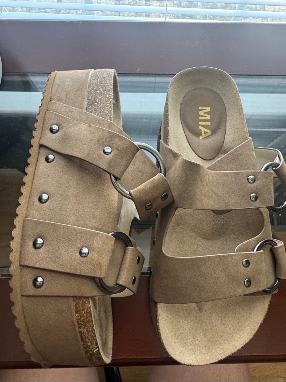 MIA Brown Suede Platform Ring-Detail Slide Sandals